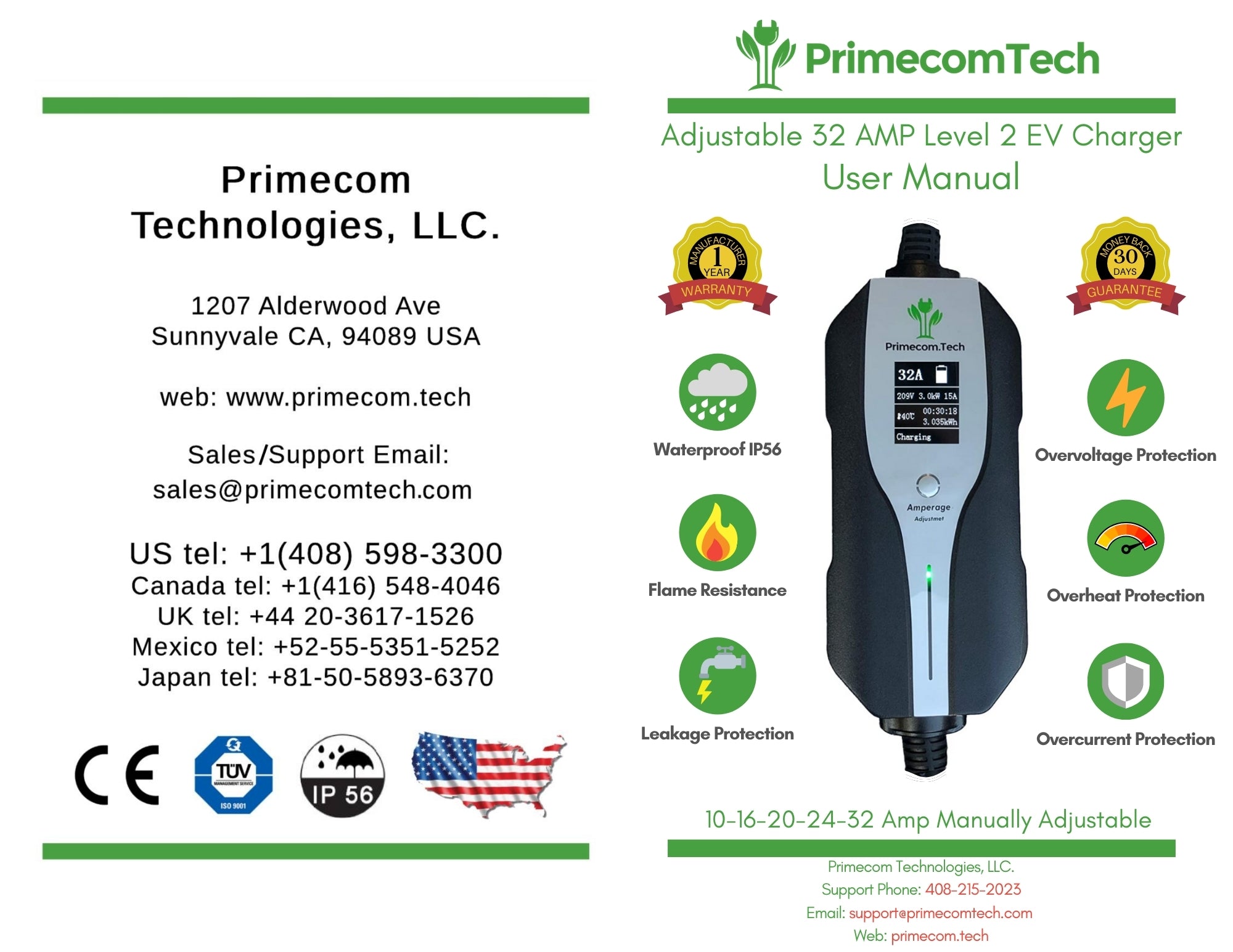 Primecom 32 Amp Level 2 Electric Vehicle (EV) Charger Amperage Adjustable Only In ElectoGb