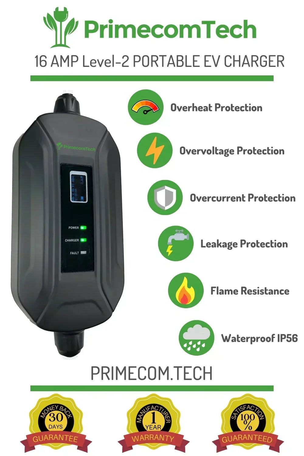 Primecom 24 Amp Level 2 EV Charger Amperage Adjustable: 10A - 16A - 24A Only In ElectoGb